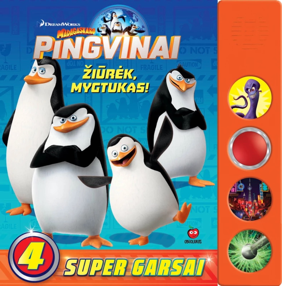 Madagaskaro pingvinai. Žiūrėk, mygtukas!