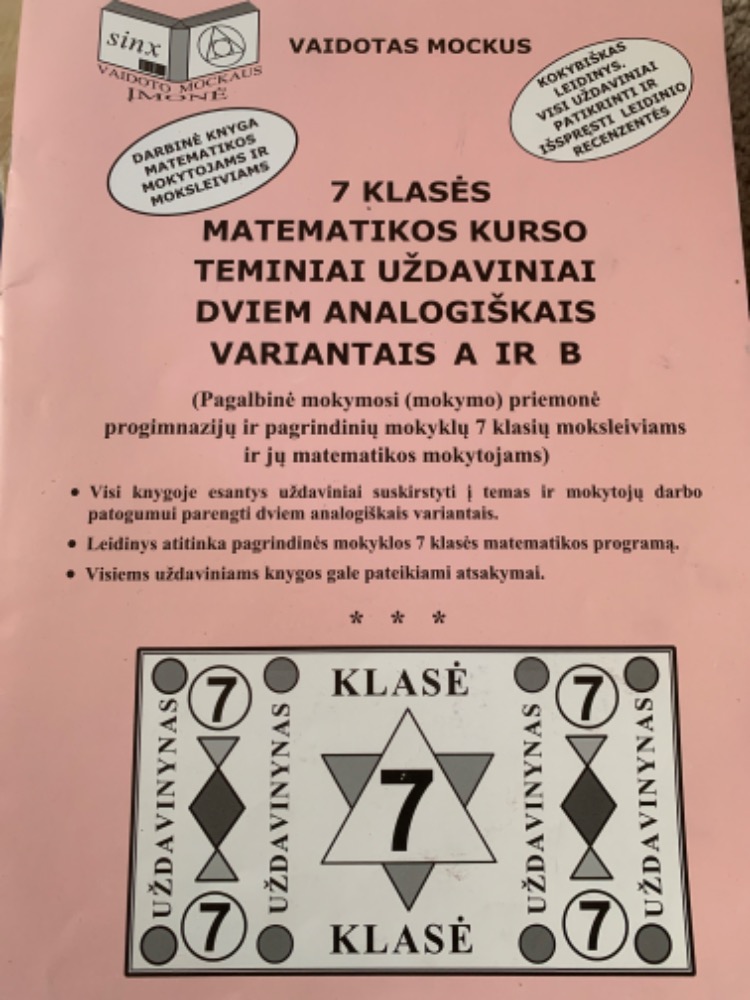 7 klasės matematikos kurso teminiai uždaviniai dviem analogiškais variantais A ir B
