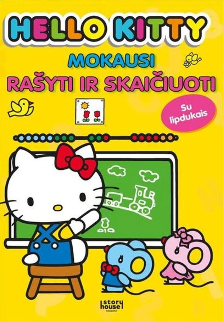Hello Kitty. Mokausi rašyti ir skaičiuoti. Užduotėlės su lipdukais