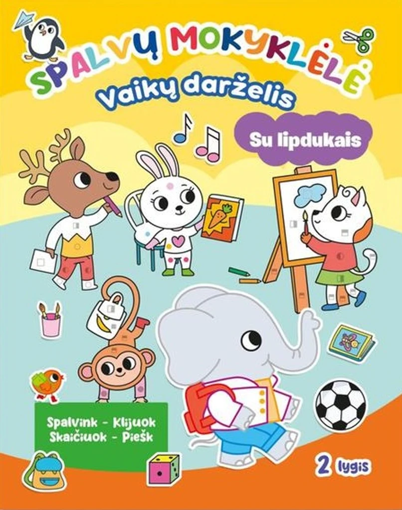 Spalvų mokyklėlė. Vaikų darželis. Užduotėlės su lipdukais. 2 lygis